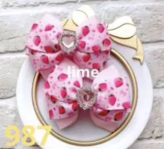 new★いちごリボン　キッズリボン　ハンドメイド　ヘアゴム　キラキラ
