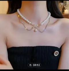 エレガントなラインストーンのリボンパールネックレス、合金製フェイクパールインレイ