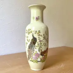 九谷焼 花瓶 花器 生花 陶器 ヴィンテージ 孔雀と牡丹 花木
