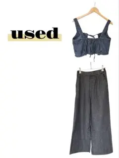 used ダークグレー デニム クロップトップとパンツセットアップ