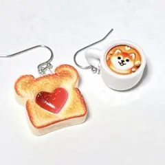 柴犬のラテアート＆動物型のハートジャムトーストのピアス♬イヤリング変更可♬