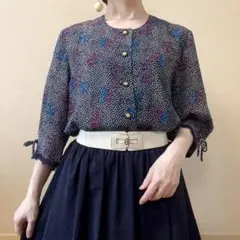 ドット 花柄フリル袖 リボン 五分袖 ブラウス 昭和レトロ ヴィンテージ 紺 白