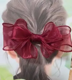 リボン ワインレッド チャーム付き 推し活 発表会 行事 ヘアアクセ