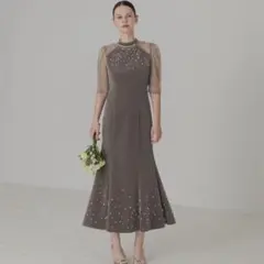 Leja シアースリーブパールビジューベロアマーメイドドレスワンピース 結婚式