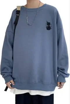 レディース オーバーパーカー 猫柄 ブルー サイズXL カジュアルパーカー