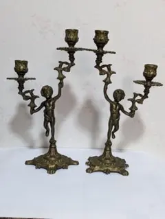 ♦フランス製 燭台 エンジェル キャンドルスタンド１対 真鍮ブロンズ 飾り