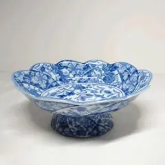 龍峰窯　花風流　染付更紗　楕円コンポート　高台鉢