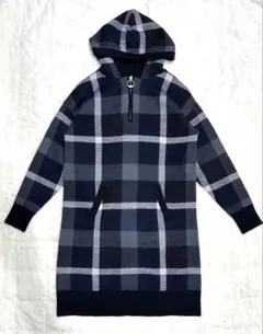 ブルーレーベルクレストブリッジフード付きニットロングチュニックチェックウール