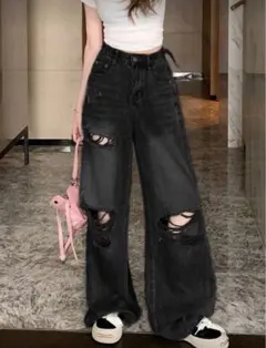 【最終値下げ】ダメージジーンズ SHEIN ブラック デニムパンツ Y2K