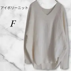 Vネックニット　長袖　模様編み　F　アイボリー