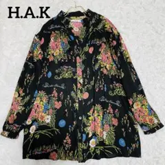 日本製 ハク H.A.K スキッパーシャツ ブラック 花柄 総柄 大きめのサムネイル