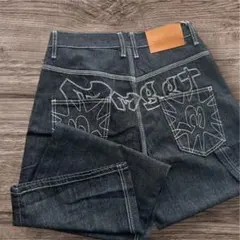 バギーデニム　ワイドジーンズ　Y2K ストリート　グランジ　刺繍　ユニセックス