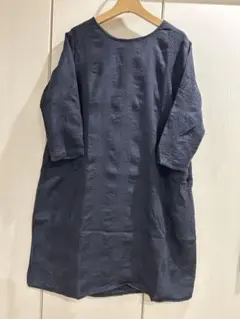 新品ヘブンリー　リネン　ラウンド刺繍　七分袖ワンピース　ネイビー　北欧　ゆったりのサムネイル