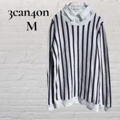 【3can4on】【M】2 薄手セーター　ストライプ　襟付き　襟取り外し　長袖のサムネイル