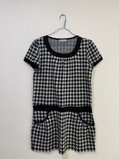 ニットワンピース　千鳥柄　半袖　ブラック　秋冬　Lサイズ　ポケットつき