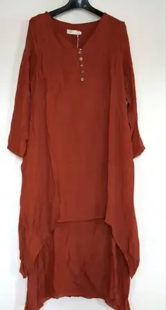 綿・麻レンガ色シャツワンピース