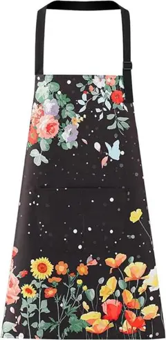 【母の日に♪】花柄エプロン 黒 キッチン ガーデニング ポケット付き プレゼント