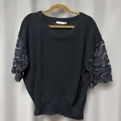 ブラック レーススリーブ ニット　4L