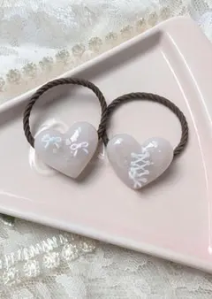 ぷくぷくハート　バレエ風3Dリボンヘアゴム　淡いピンク　2個セット