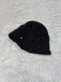 ハンドメイド かぎ編み 帽子 ブラック ビーニー風 レディース