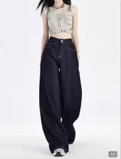 SHEIN デニムパンツ ネイビー薄手ハイウエストストレートワイド