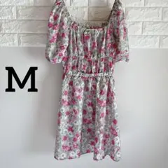 半袖ミニワンピース 【M 】花柄(ピンク系) 軽量　襟元ウエストゴム入りゆったり