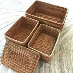 無印良品　ラタンバスケット　重なるバスケット　3個+ふたのセット