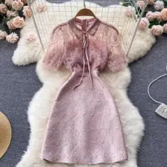 ラウンドネック　レディース　ひざ丈ワンピース　レース　半袖　ミニワンピース