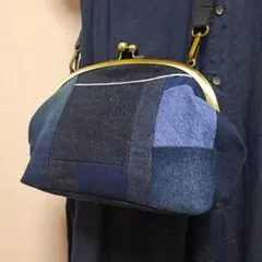 【デニムリメイク・パッチワーク中ぶりサイズ】がま口ショルダーバッグ ハンドメイド