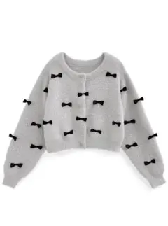 リボンフェザーニットカーディガン　グレー　 kz609