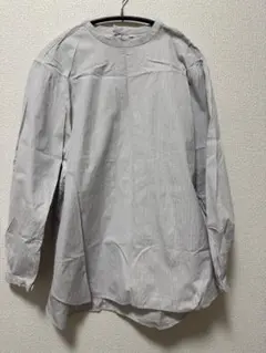 無印良品　洗いざらしブロードスタンドカラー長袖チュニック　Ｌ・オフ白ストライプ