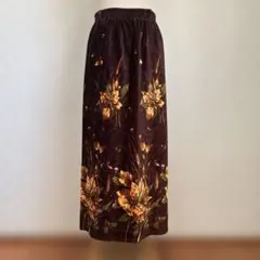ロングスカート ブラウン ボタニカル柄 ベロア調