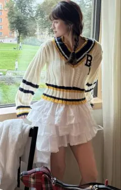 新品未使用】Bibiy. ストライプ柄バルーンミニスカート ブラウン