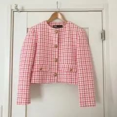 ザラ ZARA ノーカラーツイードジャケット ピンク チェック ゴールドボタン