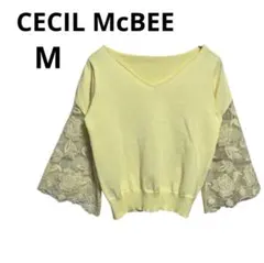 セシルマクビー　サマーニット　トップス　（M）　袖レース　透け感　レモンイエロー