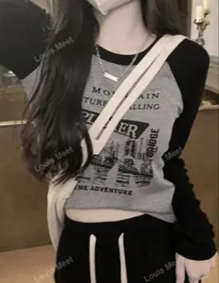 グレー ブラック 長袖Tシャツ クロップド丈