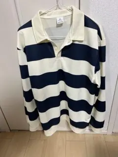 アイボリー ネイビー ストライプ 長袖ポロシャツ