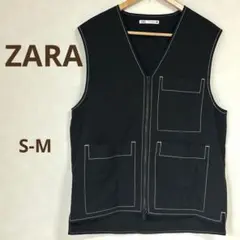 【ザラ】ベスト　ジレ　メンズ　ステッチ配色　ZARA 黒　ポケット　カジュアル