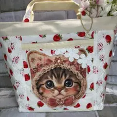 ゆ*ら様 かわいいねこちゃん☆ころりんトートバッグ ハート柄 ねこ耳白