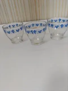 昭和レトロ青い花模様のガラスグラス3個セット