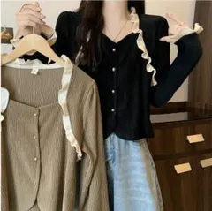 大きいサイズ レディース トップス　フリル　春 秋冬 新品 長袖　可愛い　カーキ