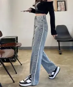 サイドフリンジスリットパンツ ライン入りデニムパンツ サックスブルー