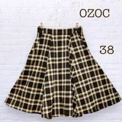 オゾック/ワールド/変形フレアスカート/ミモレ丈/チェック柄/ウエストゴム/秋冬
