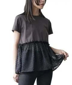 ミリアンデリ　ドット柄シフォン付き半袖トップス　M
