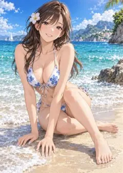 【イラスト】海辺と水着の少女 アートポスター
