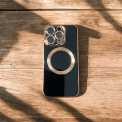 iPhone14pro ケース ブラック ゴールド メッキ レンズカバー♪