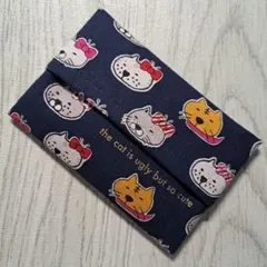 ポケットティッシュケース　☆700　ネコ柄・紺色