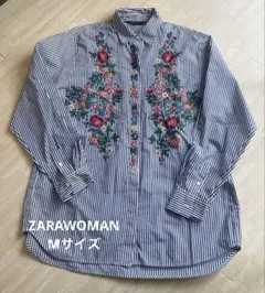 ZARA WOMAN ストライプ刺繍長袖シャツ M