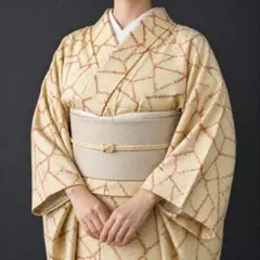 【E5-17】着物 紬風 袷 正絹 クリーム色 赤茶 小さいサイズ 単品販売