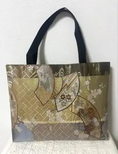 ラスト1点 着物帯リメイク和風花柄扇刺繍トートバッグ ハンドメイドA4サイズ対応